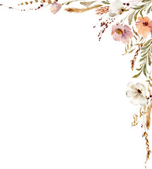 Watercolor beige wildflowers boho corner border. Dried herbs, grass floral bouquet, elegant arrangement. Botanical boho elements isolated on white. Wedding invitation, greeting, card, printing, design