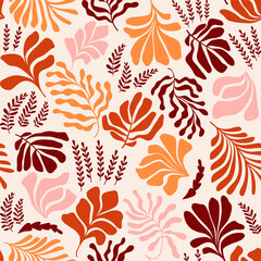 Abstract background with leaves and flowers, Matisse style. Vector seamless pattern with Scandinavian cut out elements.