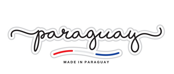 Made in Paraguay, new modern handwritten typography calligraphic logo sticker, abstract Paraguay flag ribbon banner