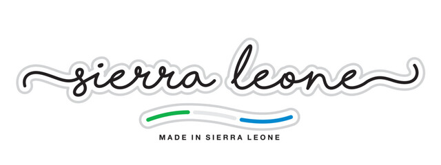 Made in Sierra Leone, new modern handwritten typography calligraphic logo sticker, abstract Sierra Leone flag ribbon banner