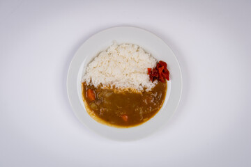 Japanese curry rice - white background from above