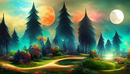 Obraz na płótnie Canvas Fantasy magical enchanted fabulous fairy tale landscape with forest lake blooming pink rose flower garden, two butterflies on a mysterious blue background, and glowing moon rays . Generative Ai