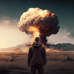 person in front of nuclear bomb