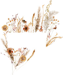Watercolor beige wildflowers boho frame. Dried herbs, grass floral border, elegant arrangement. Botanical boho elements isolated on white. Wedding invitation, greeting, card, printing, design © TanyaOak