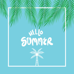 Fototapeta na wymiar Palm Sunday holiday card, Summer sale, hello summer poster with realistick palm leaves border, frame. Vector background.