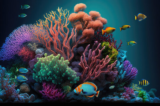 Wallpaper, background, theme, desktop, wall ornament, painting, biome of sea life, beautiful fishes surrounded by colorful corals and sea plants