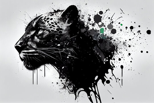 Abstraktes schwarz weißes Puma Kunstwerk mit Farbspritzer isoliert auf weißen Hintergrund. Perfektes Wandbild - Generative Ai