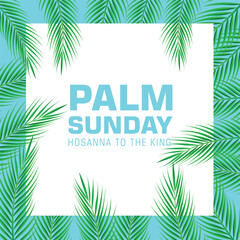 Fototapeta na wymiar Palm Sunday holiday card, Summer sale, hello summer poster with realistick palm leaves border, frame. Vector background.