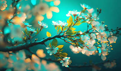 Obraz premium A stunning display of spring cherry blossom branches on a turquoise blue background