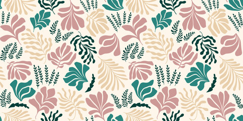 Abstract background with leaves and flowers, Matisse style. Vector seamless pattern with Scandinavian cut out elements.