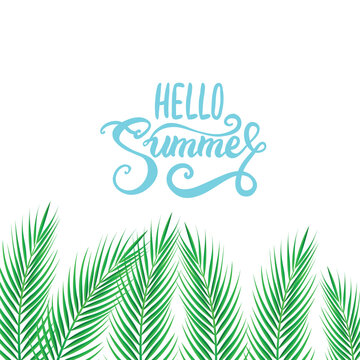 Palm Sunday holiday card, Summer sale, hello summer poster with realistick palm leaves border, frame. Vector background.