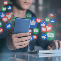 Boy using smart phone. Smartphone in hands. Community, social media, communication concept.