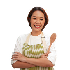 close up asian young beautiful housewife woman arm crossed and smile with happiness on transparent background for people lifestyle and png design concept