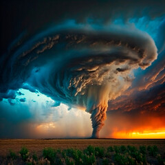 A great and huge tornado spawned in the field. Dramatic and strong cinematic image. High quality illustration