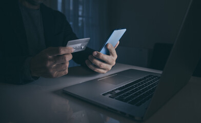 Man using application on smartphone, shopping and payment online. New tech banking service concept