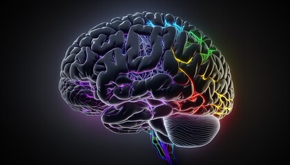 Luminous fluorescent brain hologram, digital mindset, technological, future oriented, anatomical vision created with generative ai technology