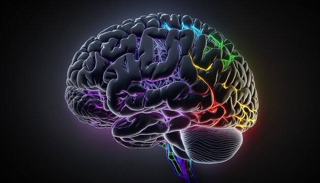 Luminous fluorescent brain hologram, digital mindset, technological, future oriented, anatomical vision created with generative ai technology