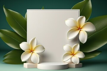 Natural beauty cosmetic product, white pedestal background. Plumeria tropical flowers.