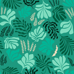 Abstract background with leaves and flowers, Matisse style. Vector seamless pattern with Scandinavian cut out elements.