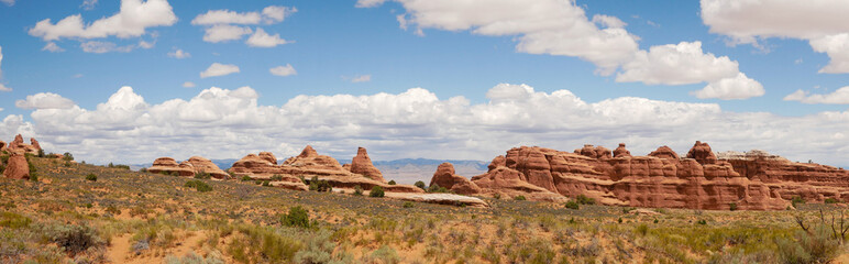 red rock formations at arches national park panorama utah