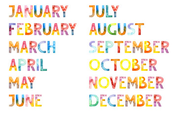 Watercolor hand drawn lettering isolated. Handwritten message. Months of the Year. Can be used as a print, for cards, banner or poster.