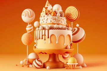 Birthday yellow cake on a stand decorated with sweets, lollipops on a orange background poured with chocolate. 3d. Generative AI