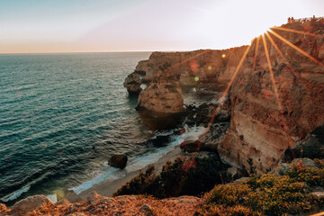 Sunset at Marinha Beach in Algarve, Portugal from Cliff in Lagoa