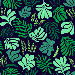 Abstract background with leaves and flowers, Matisse style. Vector seamless pattern with Scandinavian cut out elements.