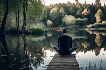 Obraz premium person practicing yoga or meditation in quiet place, concept of Peaceful Atmosphere and Focused Mind, created with Generative AI technology