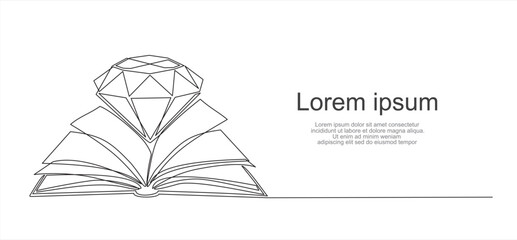 continuous one line drawing of diamond, brilliant and open book. Diamond Book. Can used for logo, emblem, slide show and banner.