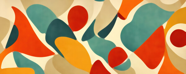Color block abstract background. Mosaic design. Orange red yellow blue beige curve dots spots shape playful pattern art illustration.
