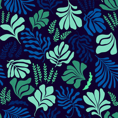 Abstract background with leaves and flowers, Matisse style. Vector seamless pattern with Scandinavian cut out elements.
