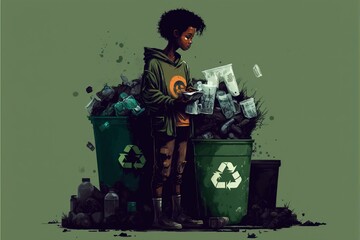 person sorting through recyclables surrounded by containers, concept of Reuse and Reduce, created with Generative AI technology