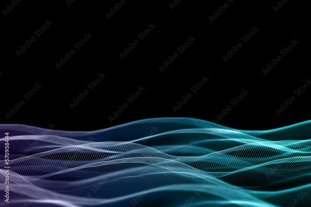 Poster abstract gradient blue and green wave of particles with light line on dark background. big data and 