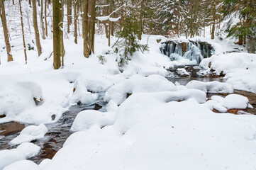 Waterfall, winter, snow, 