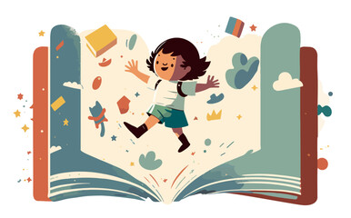 A child full of enthusiasm emerges from a huge adventure book, bringing out amazing stories. Exploring the incredible world of imagination, discovering new and exciting possibilities.