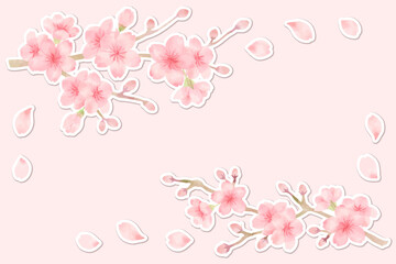枝に咲いている桜の水彩風パーツイラストセット　白縁シール風　主線なし、ベクター