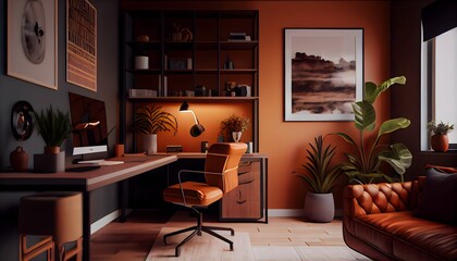 Small office interior, tawny orange colors, generative ai, with a table and chairs in the middle of the room with a plant in the corner of the room.