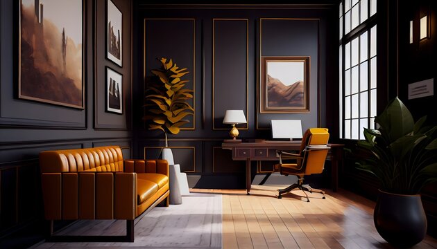 Modern living room, small and luxury office lobby with mustard yellow color furniture, generative ai, with table and led lamp, large window with wall decor and picture frame