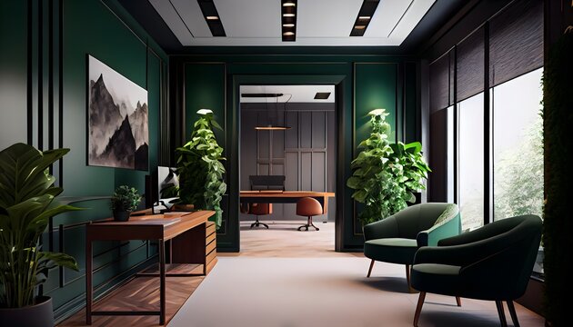 Small office interior, warm green colors, generative ai, with a table and chairs in the middle of the room with a plant in the corner of the room.