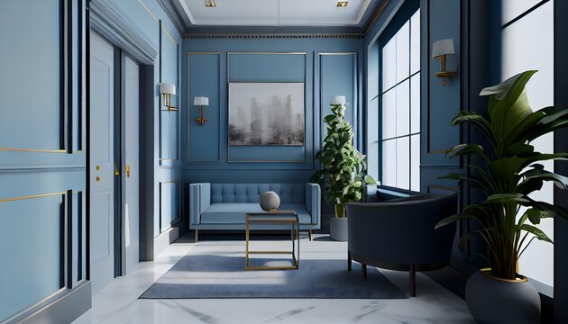 Modern living room, small and luxury office lobby with periwinkle blue color furniture, generative ai, with table and led lamp, large window with wall decor and picture frame