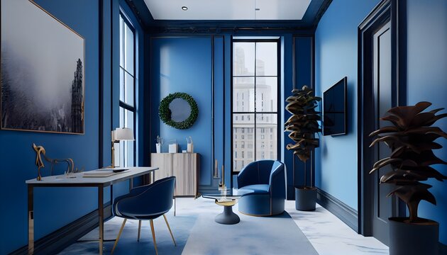 Modern living room, small and luxury office lobby with periwinkle blue color furniture, generative ai, with table and led lamp, large window with wall decor and picture frame