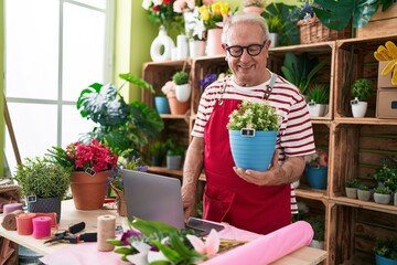 Middle age grey-haired man florist using laptop holding plant at flower shop