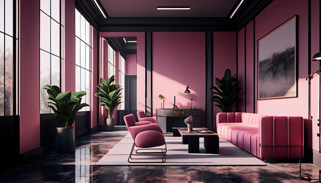 Modern living room, small and luxury office lobby with rose pink color furniture, generative ai, with table and led lamp, large window with wall decor and picture frame