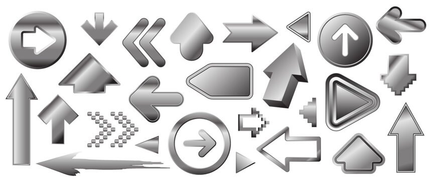 Silver arrow set, no background vector, isolated metal arrow symbol