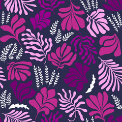 Fototapeta premium Abstract background with leaves and flowers, Matisse style. Vector seamless pattern with Scandinavian cut out elements.