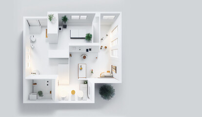 Minimalistic Marvel: A bird's eye view of a pristine white apartment, showcasing its clean and simple lines Generative AI