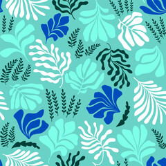 Abstract background with leaves and flowers, Matisse style. Vector seamless pattern with Scandinavian cut out elements.
