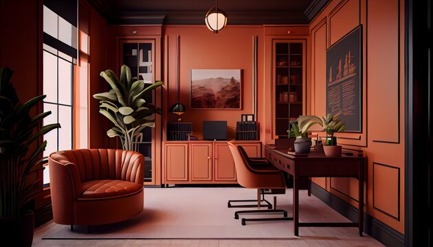 Modern living room, small and luxury office lobby with tawny orange color furniture, generative ai, with table and led lamp, large window with wall decor and picture frame
