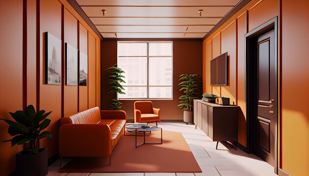 Modern living room, small and luxury office lobby with tawny orange color furniture, generative ai, with table and led lamp, large window with wall decor and picture frame